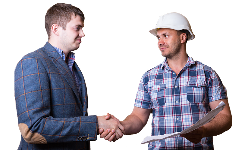 A man in a blazer shaking hands with a man in a hardhat